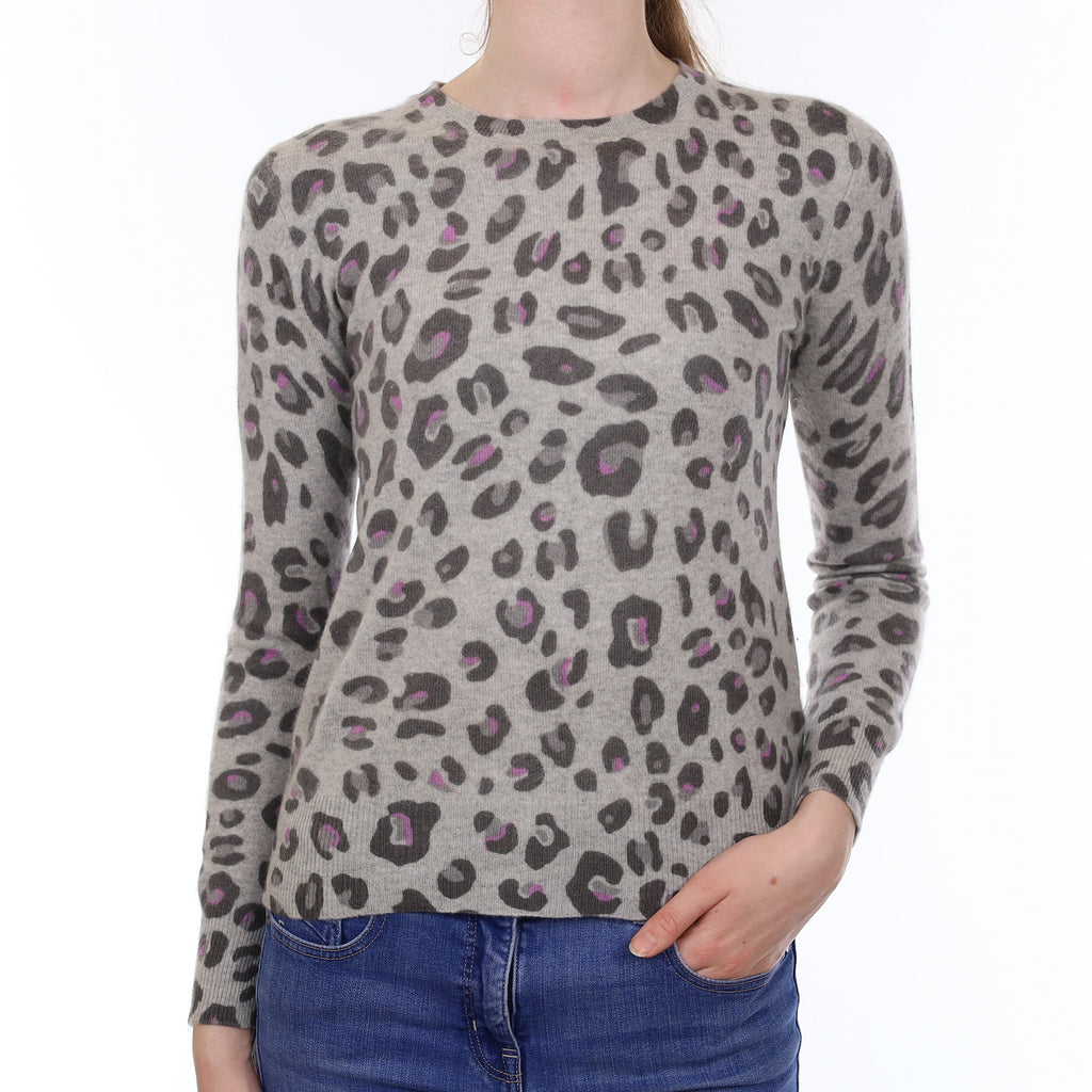 Grey Leopard Print Cashmere Crew Neck Jumper Extra Small