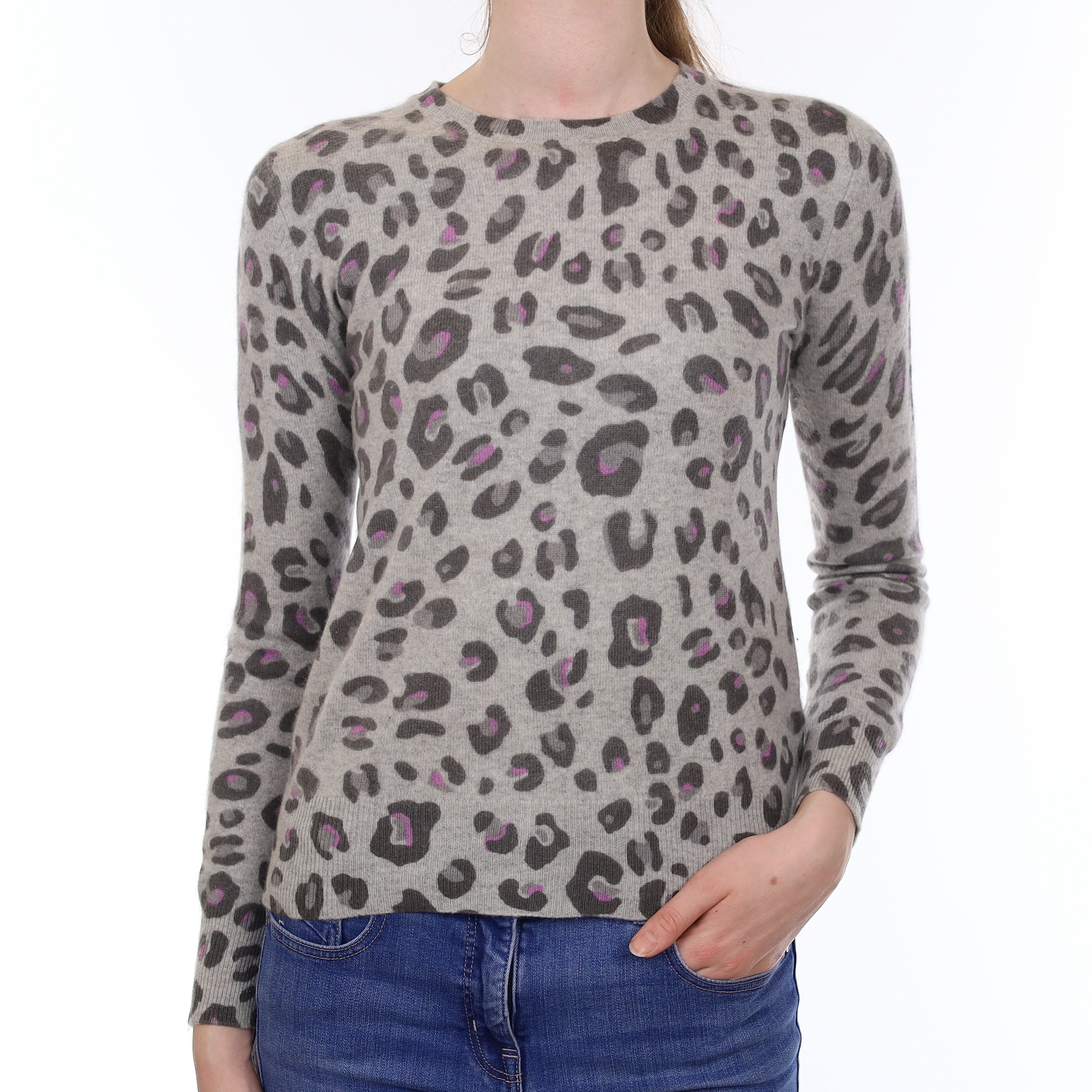 Grey Leopard Print Cashmere Crew Neck Jumper Extra Small