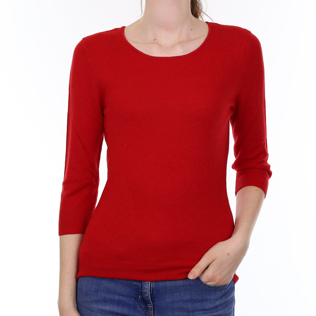 Berry Red Cashmere 3/4 Sleeve Crew Neck Jumper Extra Small