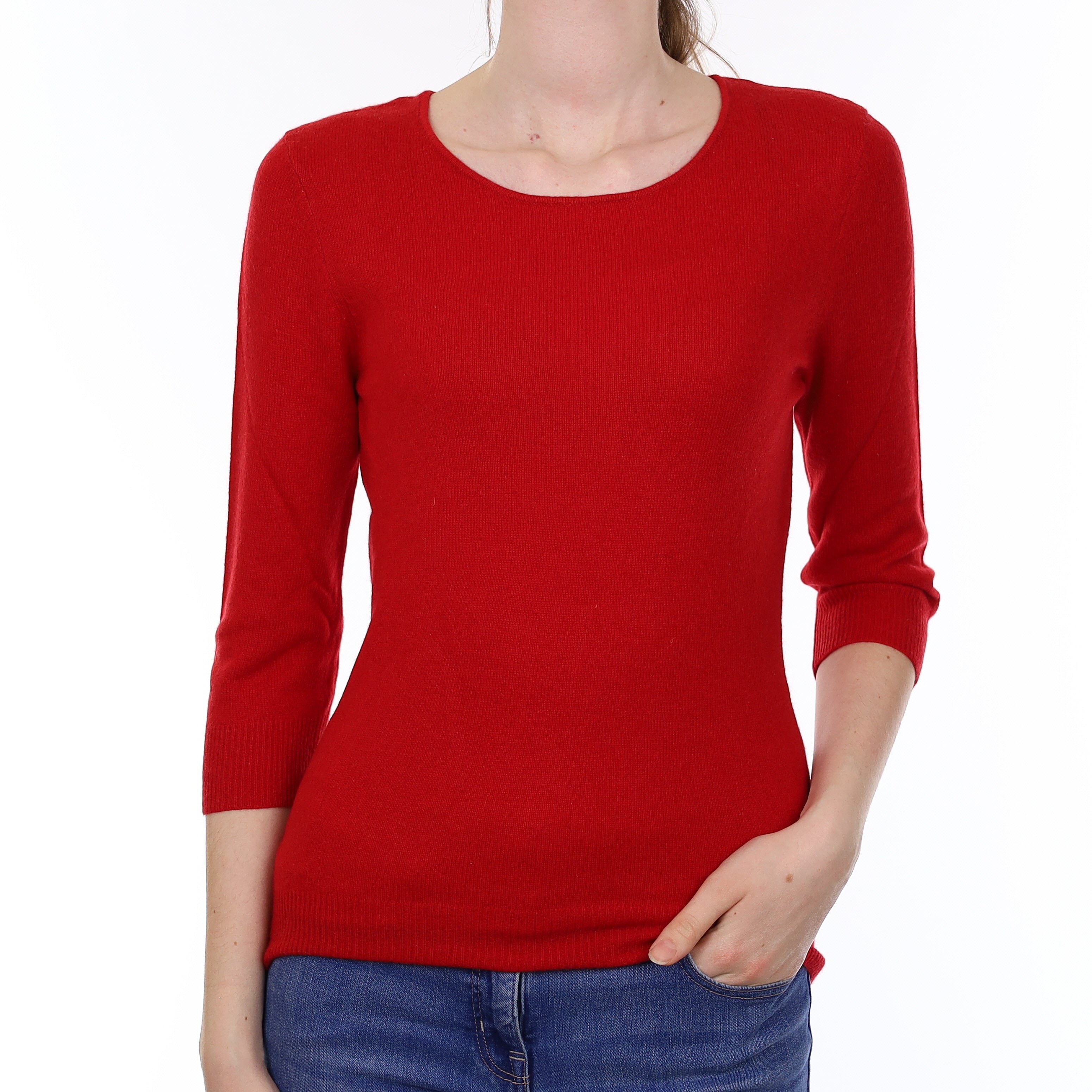 Berry Red Cashmere 3/4 Sleeve Crew Neck Jumper Extra Small
