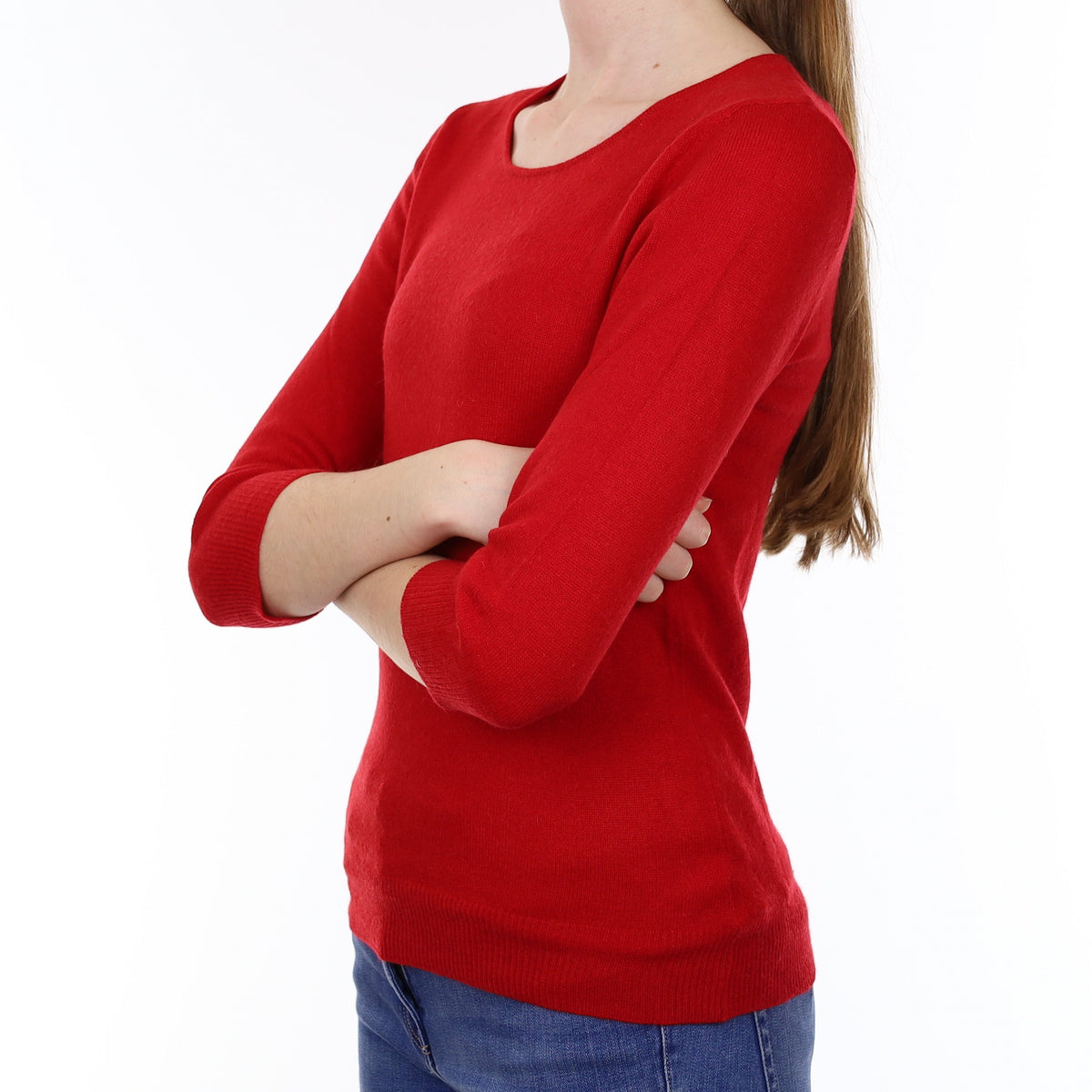 Berry Red Cashmere 3/4 Sleeve Crew Neck Jumper Extra Small