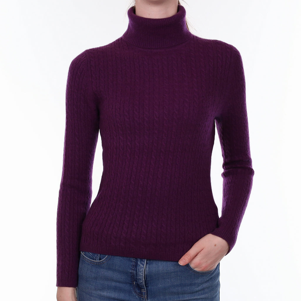 Fig Purple Cable Cashmere Polo Neck Jumper Extra Small