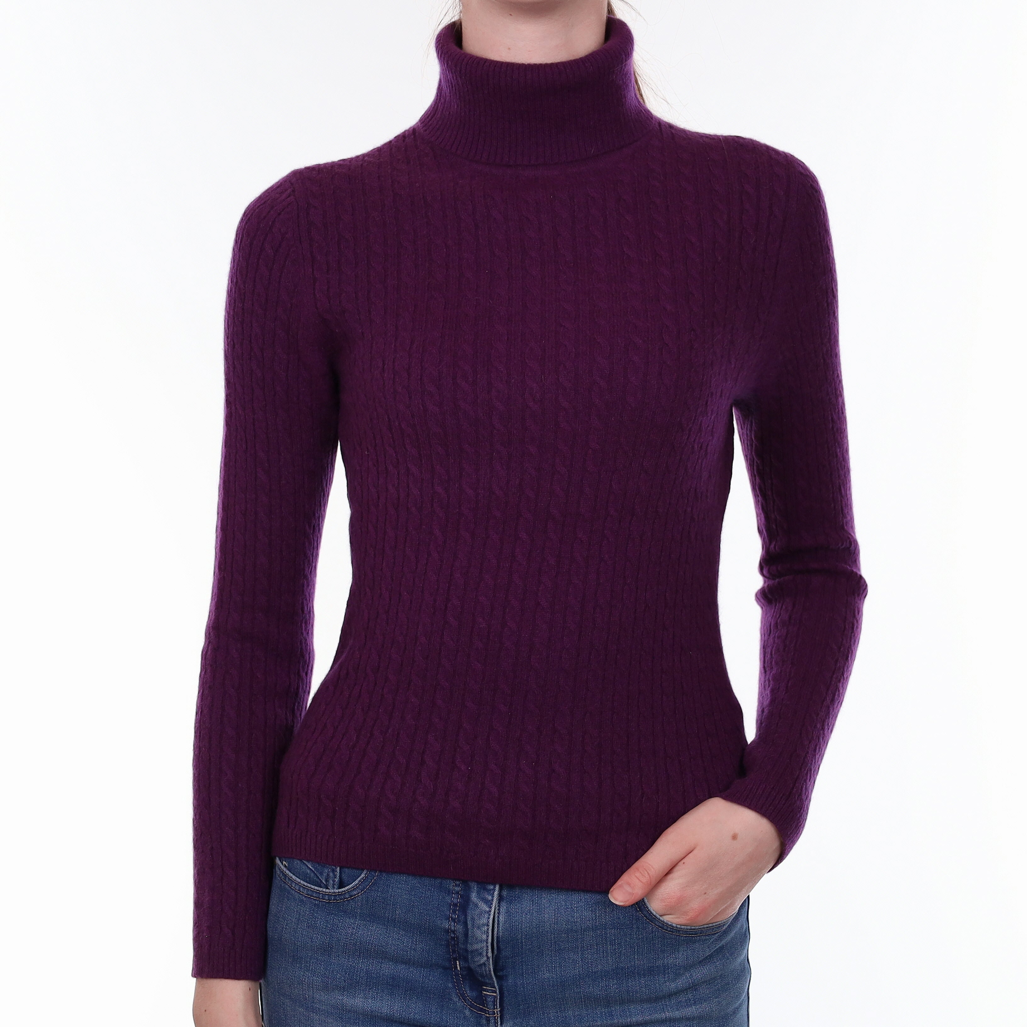 Fig Purple Cable Cashmere Polo Neck Jumper Extra Small