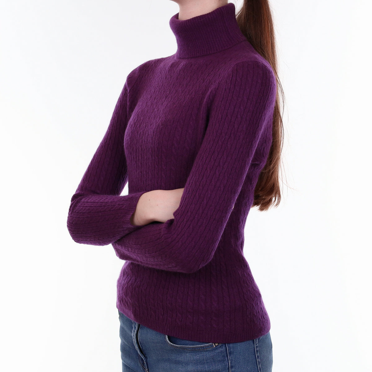 Fig Purple Cable Cashmere Polo Neck Jumper Extra Small