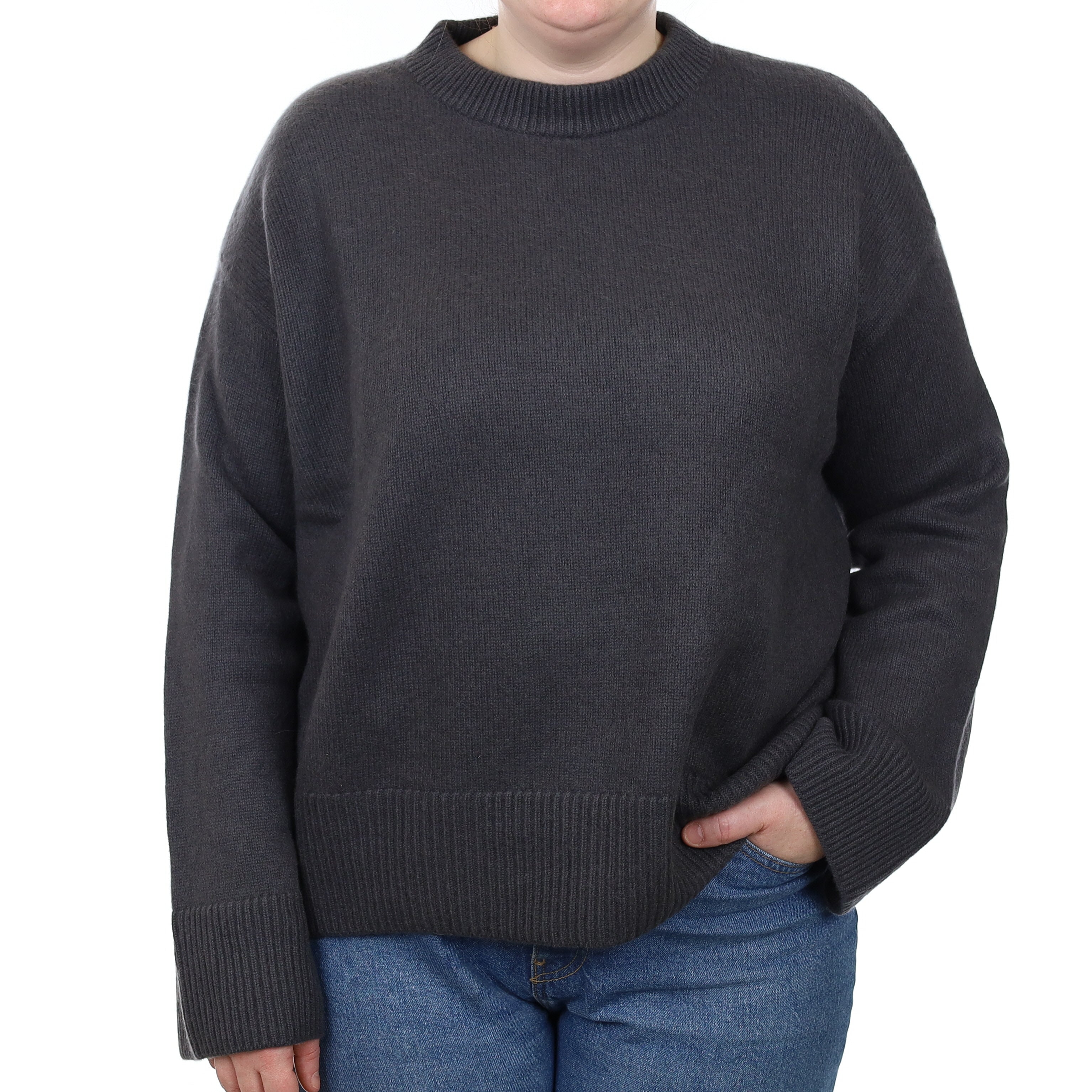 Slate Grey Chunky Knit Cashmere Crew Neck Jumper Large