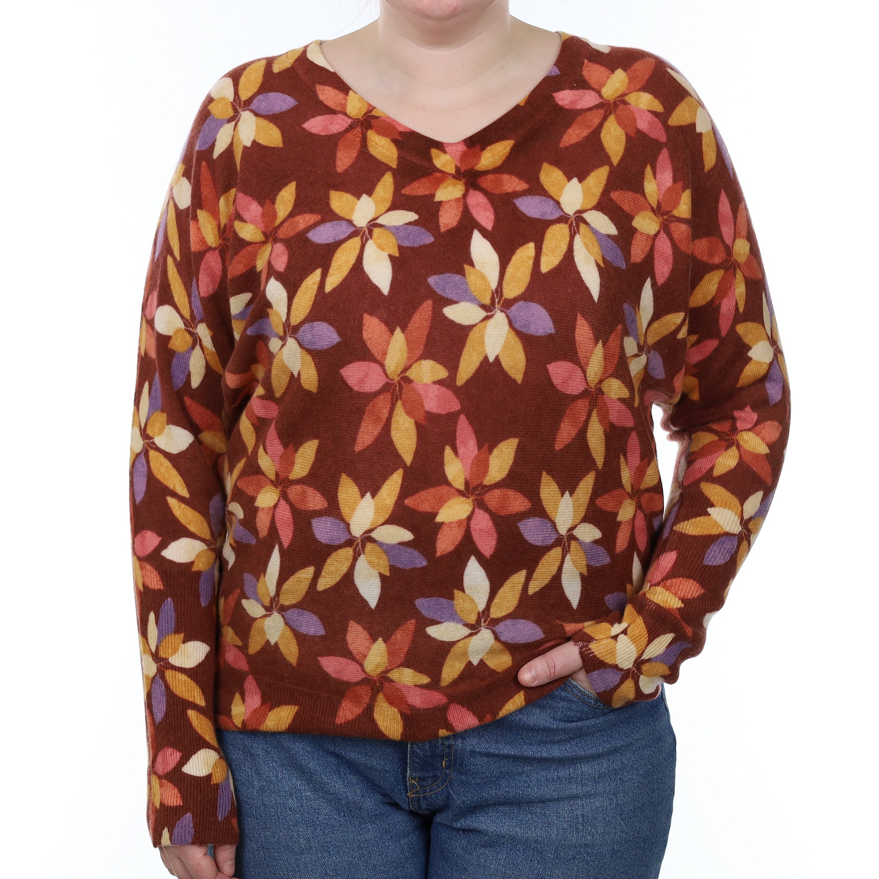 Rust Floral Cashmere Batwing V Neck Jumper Large