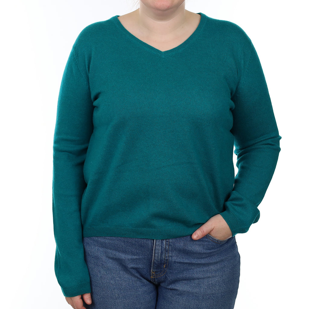 Peacock Green Cashmere V Neck Jumper Large
