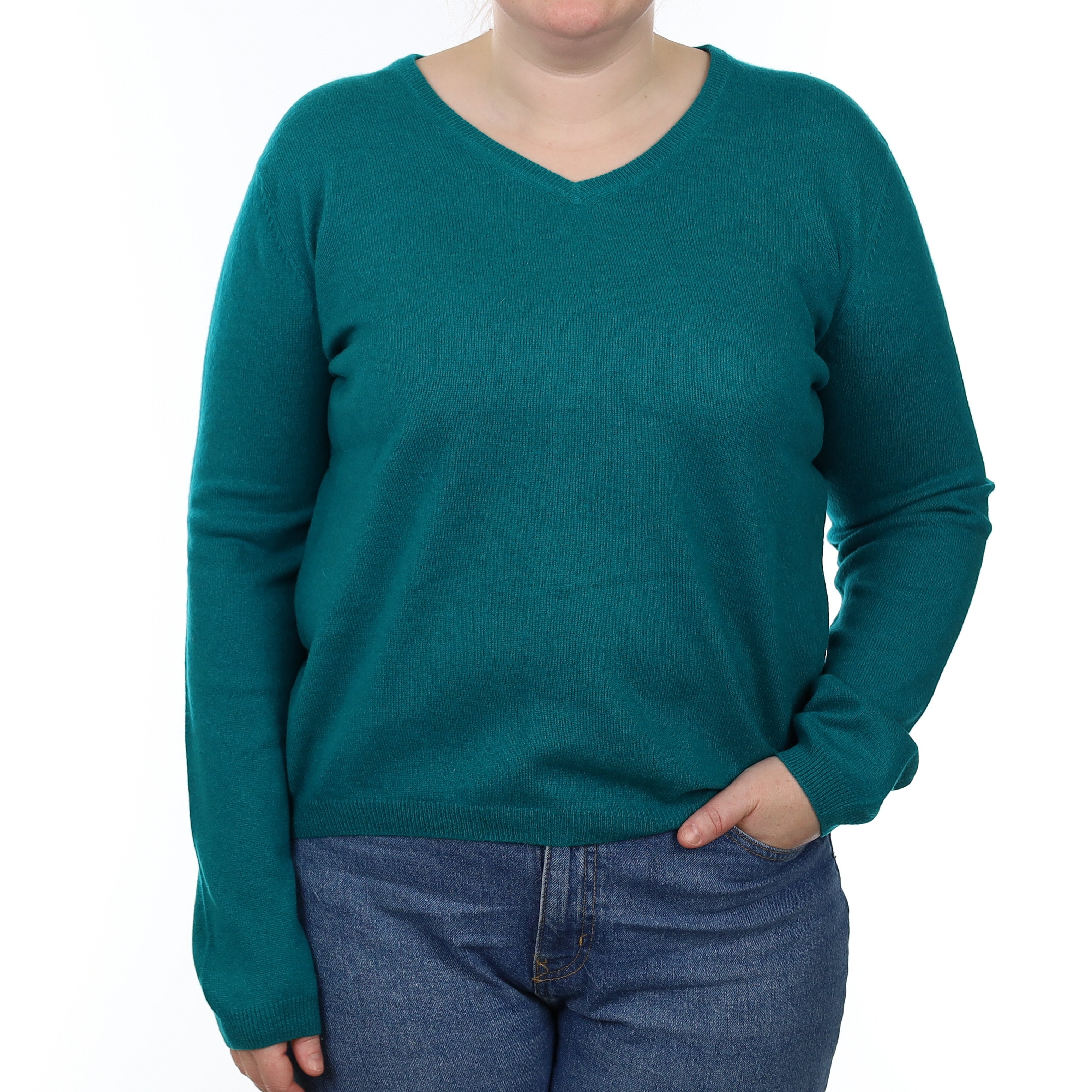 Peacock Green Cashmere V Neck Jumper Large
