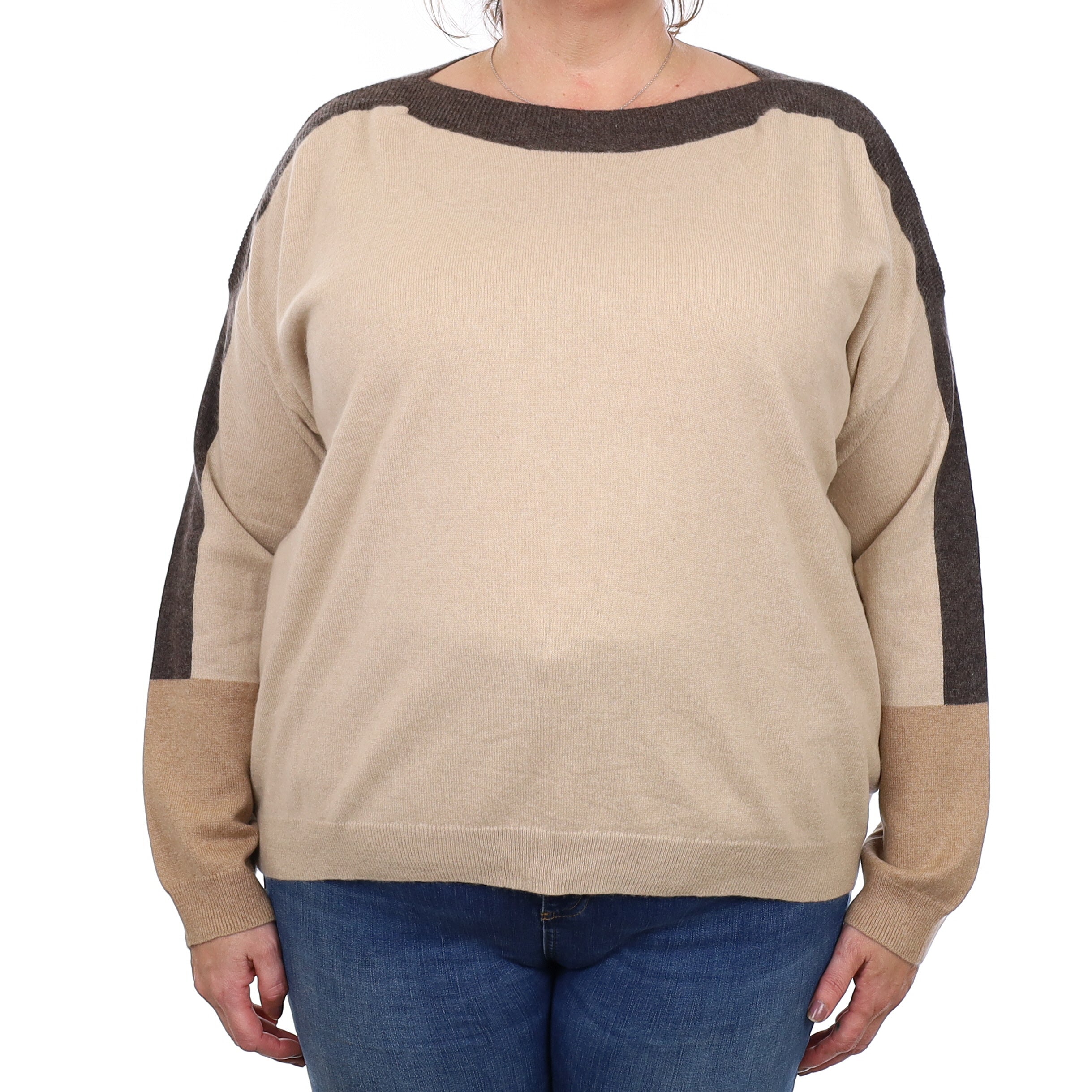 Beige Colour Block Cashmere Slash Neck Jumper Extra Large