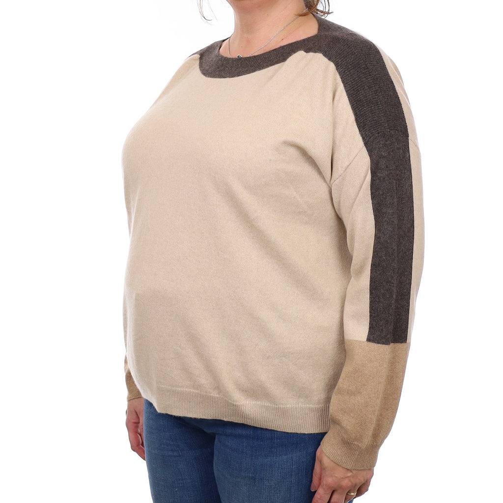 Beige Colour Block Cashmere Slash Neck Jumper Extra Large
