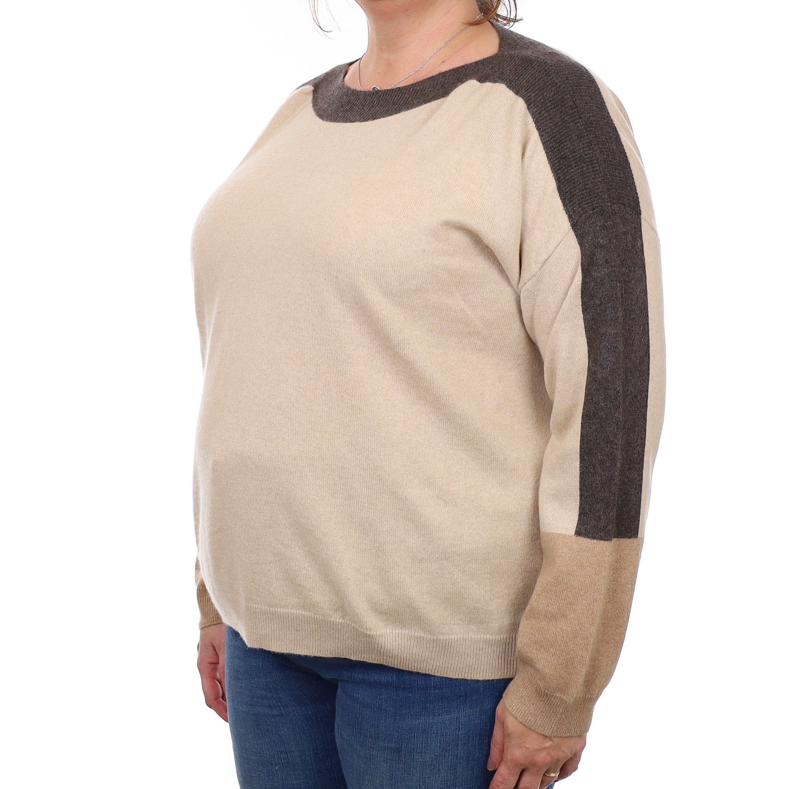 Beige Colour Block Cashmere Slash Neck Jumper Extra Large