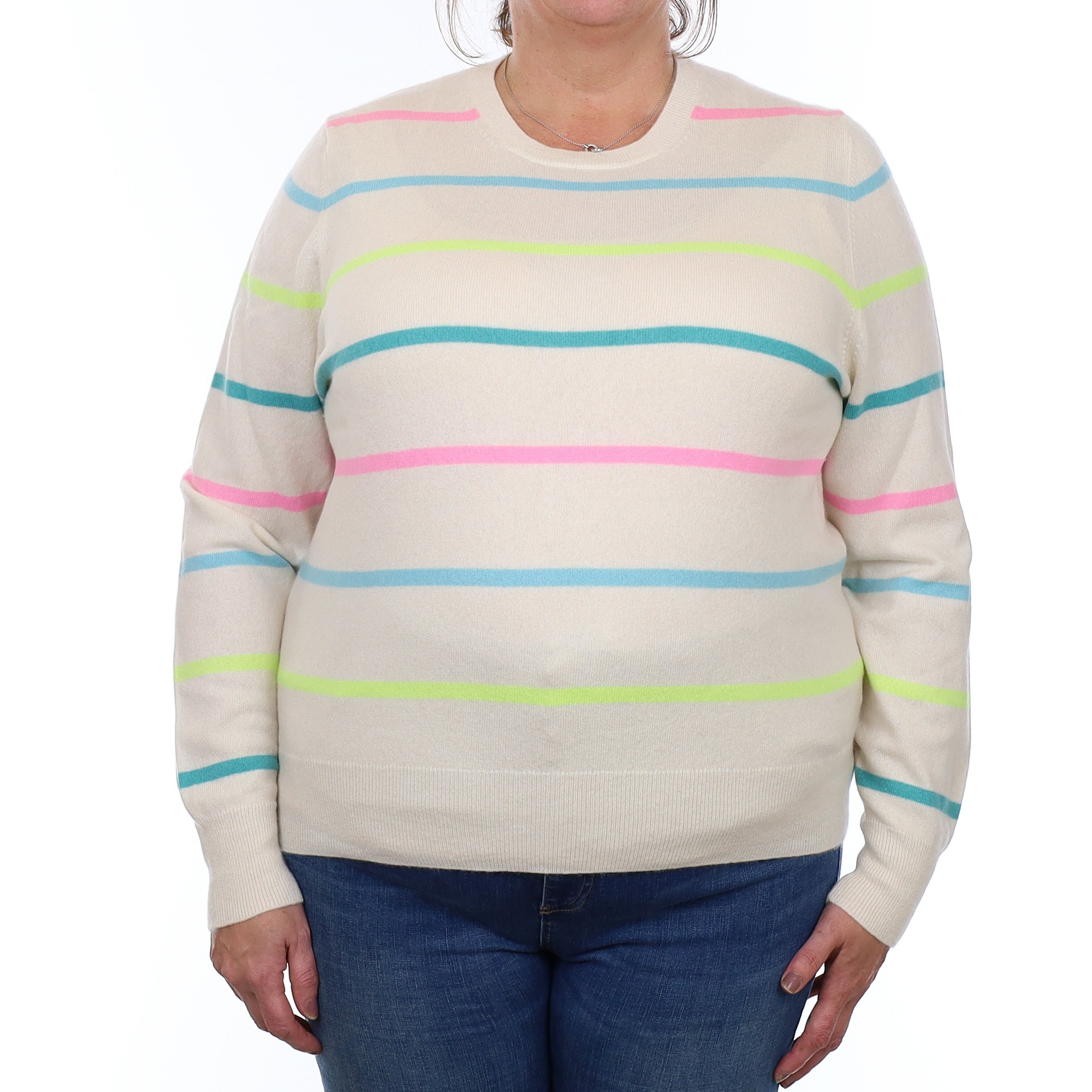 Cream Neon Striped Cashmere Crew Neck Jumper Extra Large
