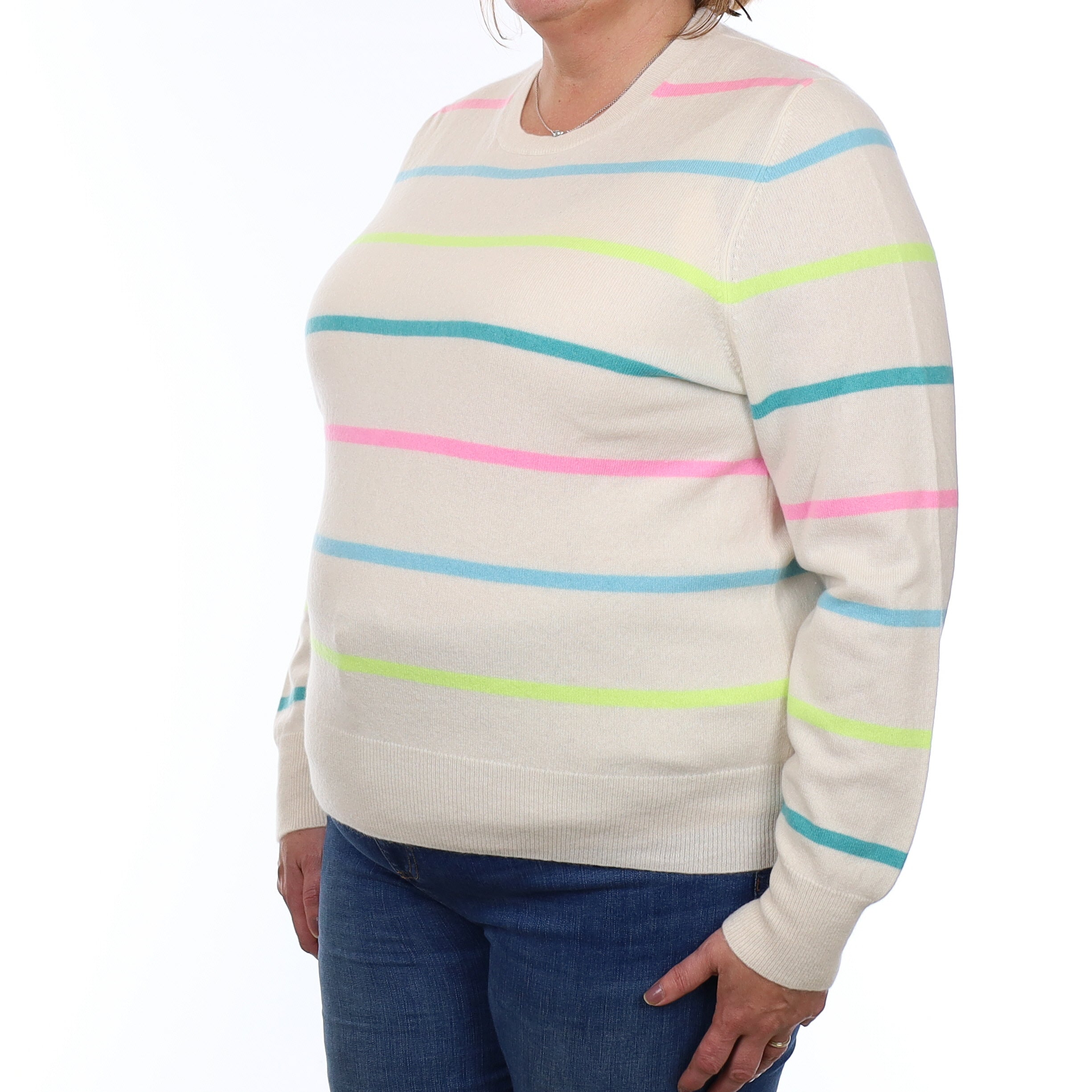 Cream Neon Striped Cashmere Crew Neck Jumper Extra Large