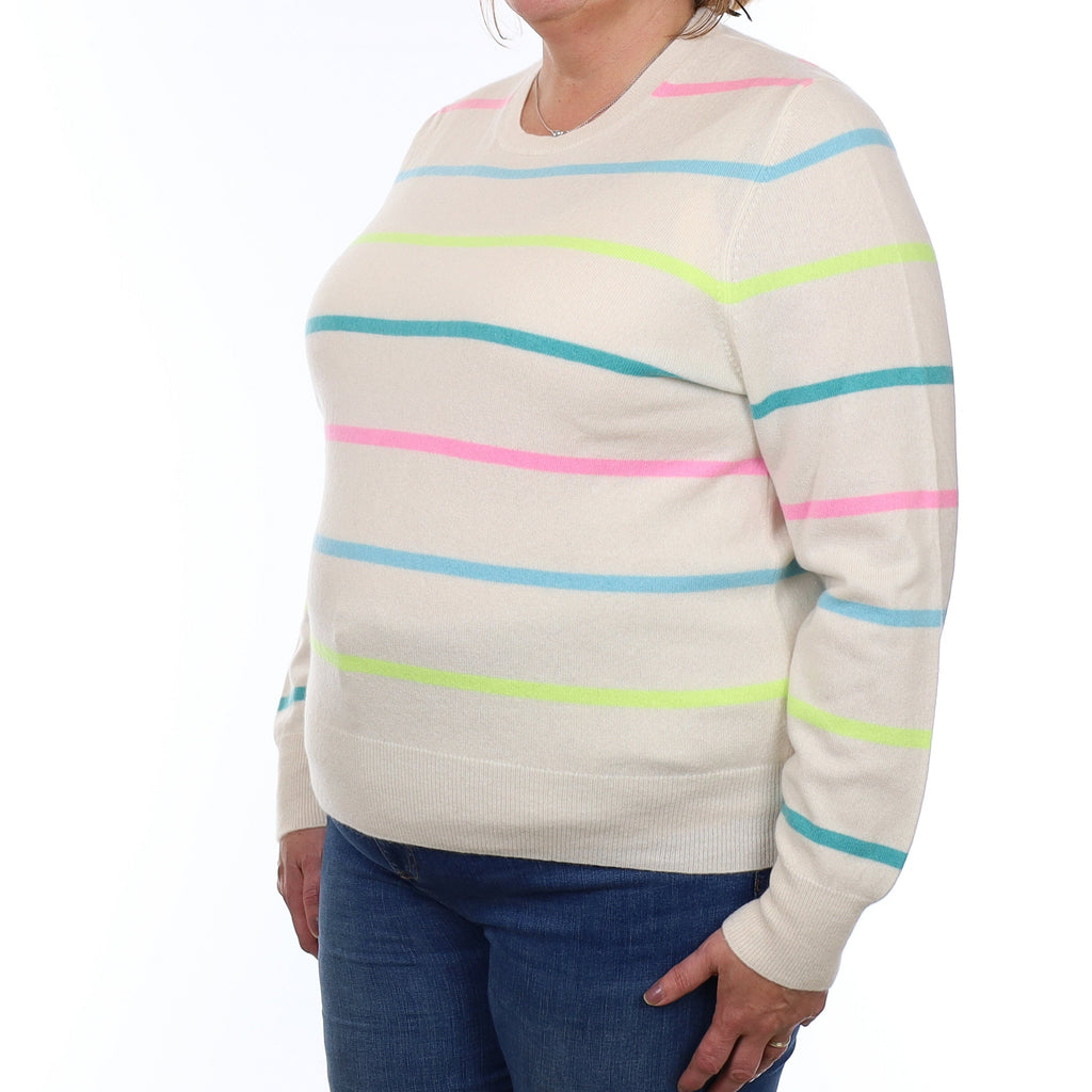 Cream Neon Striped Cashmere Crew Neck Jumper Extra Large
