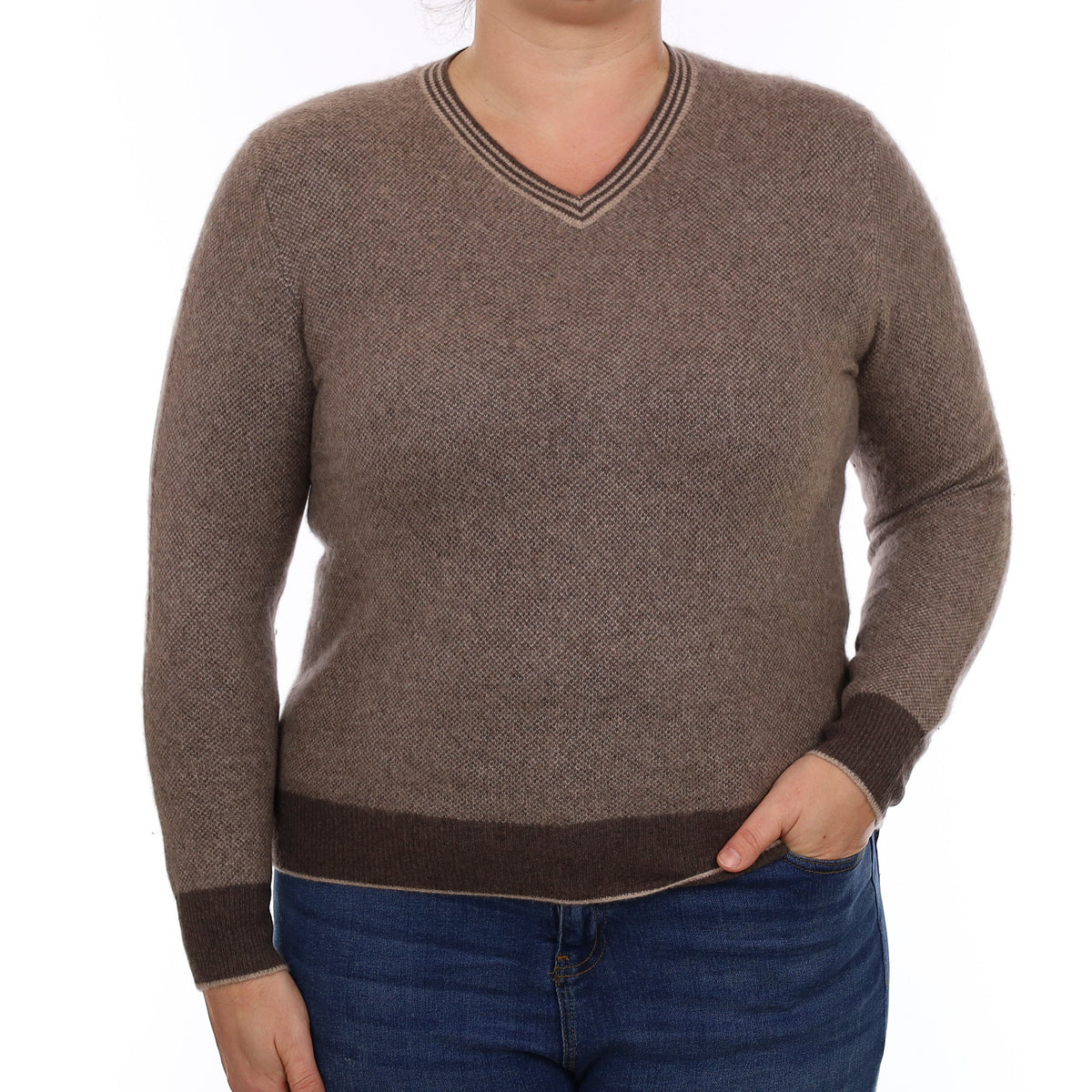 Two Tone Brown Heavy Knit Cashmere V Neck Jumper Large