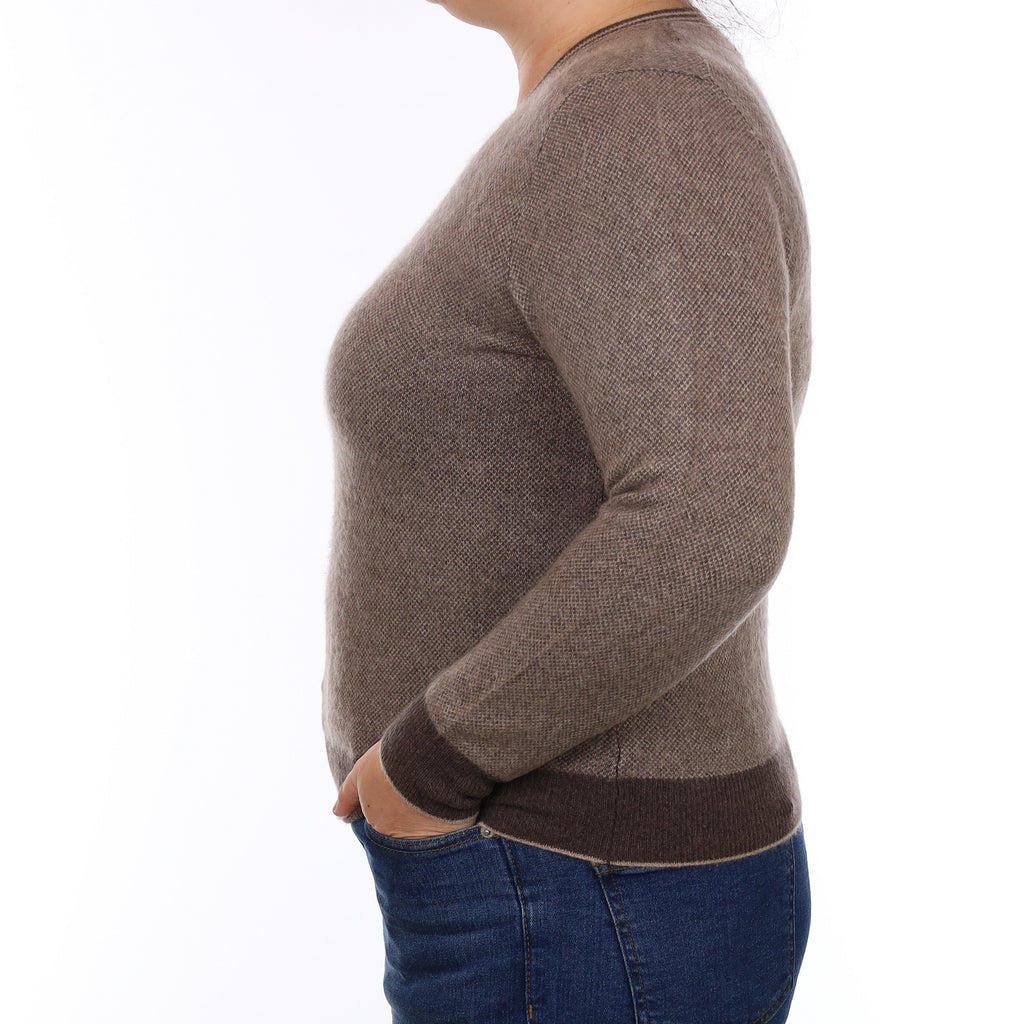 Two Tone Brown Heavy Knit Cashmere V Neck Jumper Large