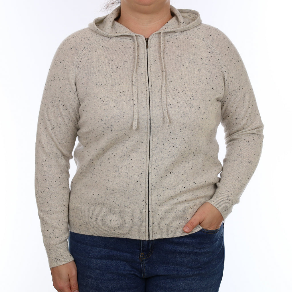 Grey Flecked Cashmere Zip Up Hoodie Cardigan Large