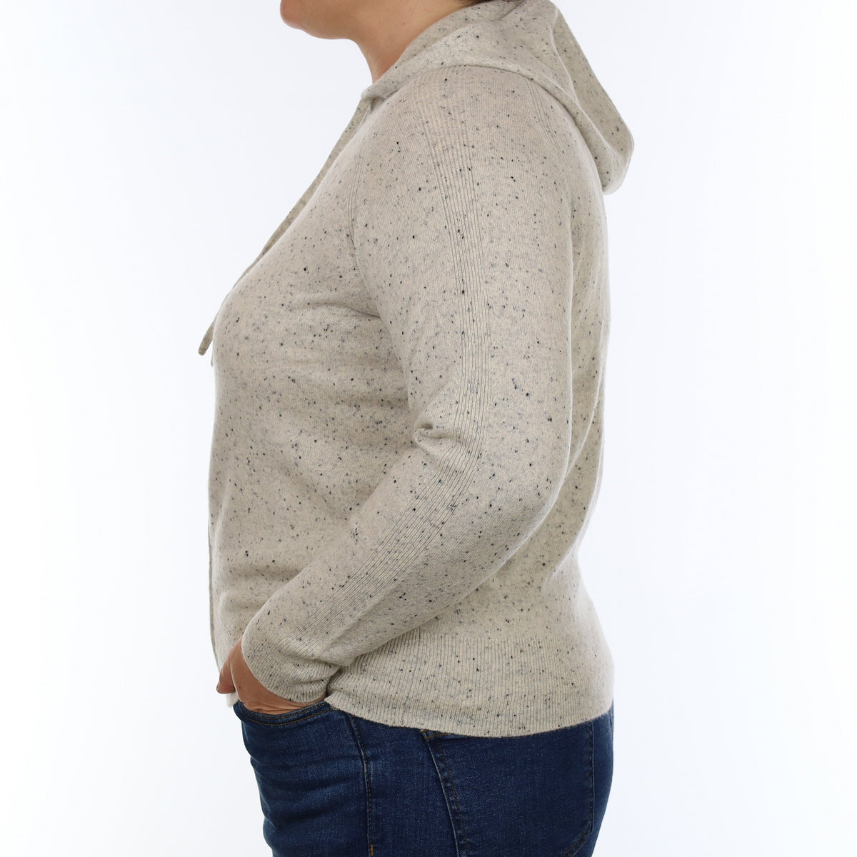 Grey Flecked Cashmere Zip Up Hoodie Cardigan Large