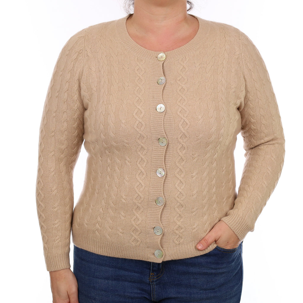 Beige Cable Heavy Knit Cashmere Crew Neck Cardigan Large