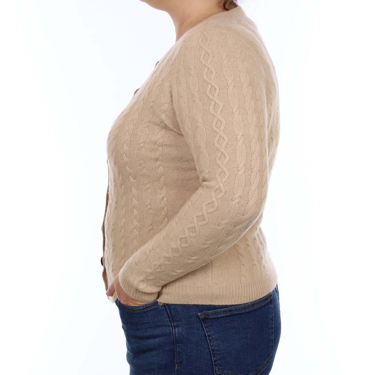 Beige Cable Heavy Knit Cashmere Crew Neck Cardigan Large