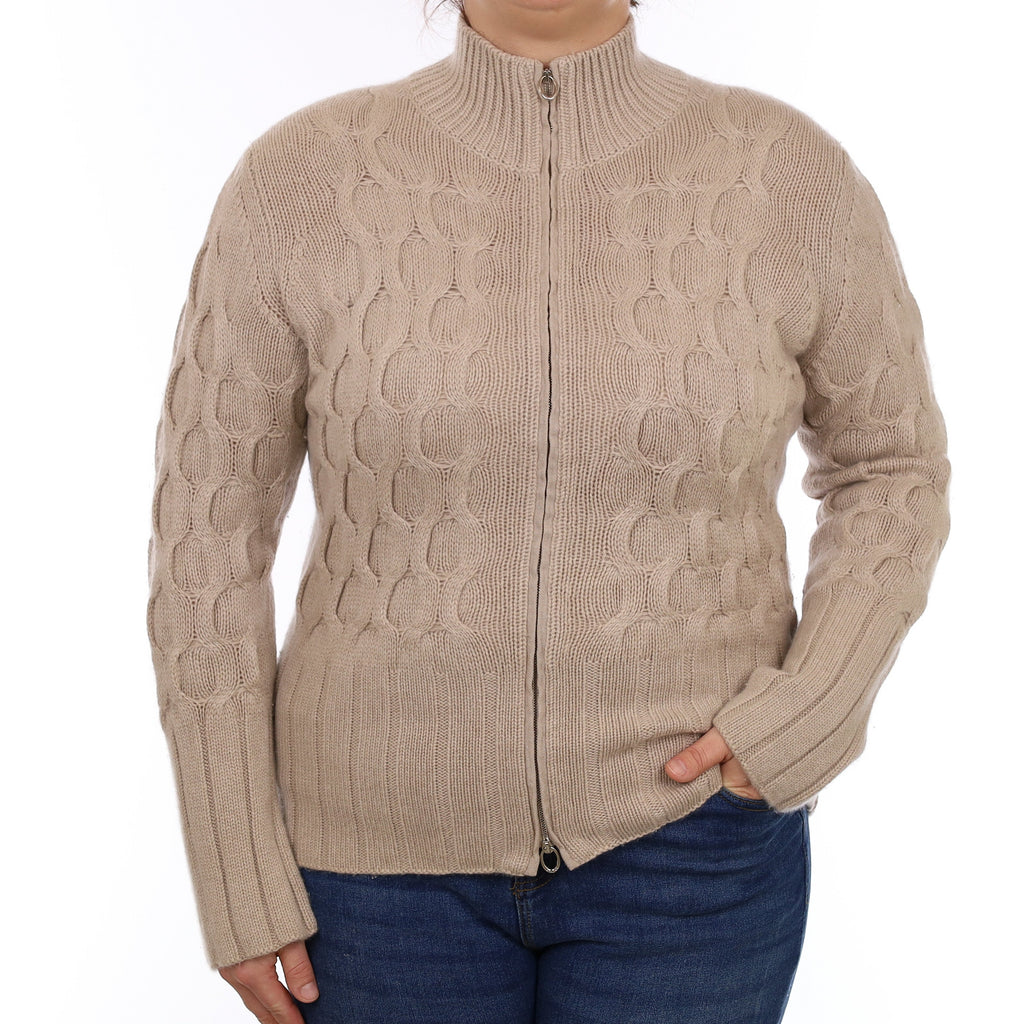 Agnona Fawn Cable Cashmere Zip Up Turtle Neck Cardigan Large