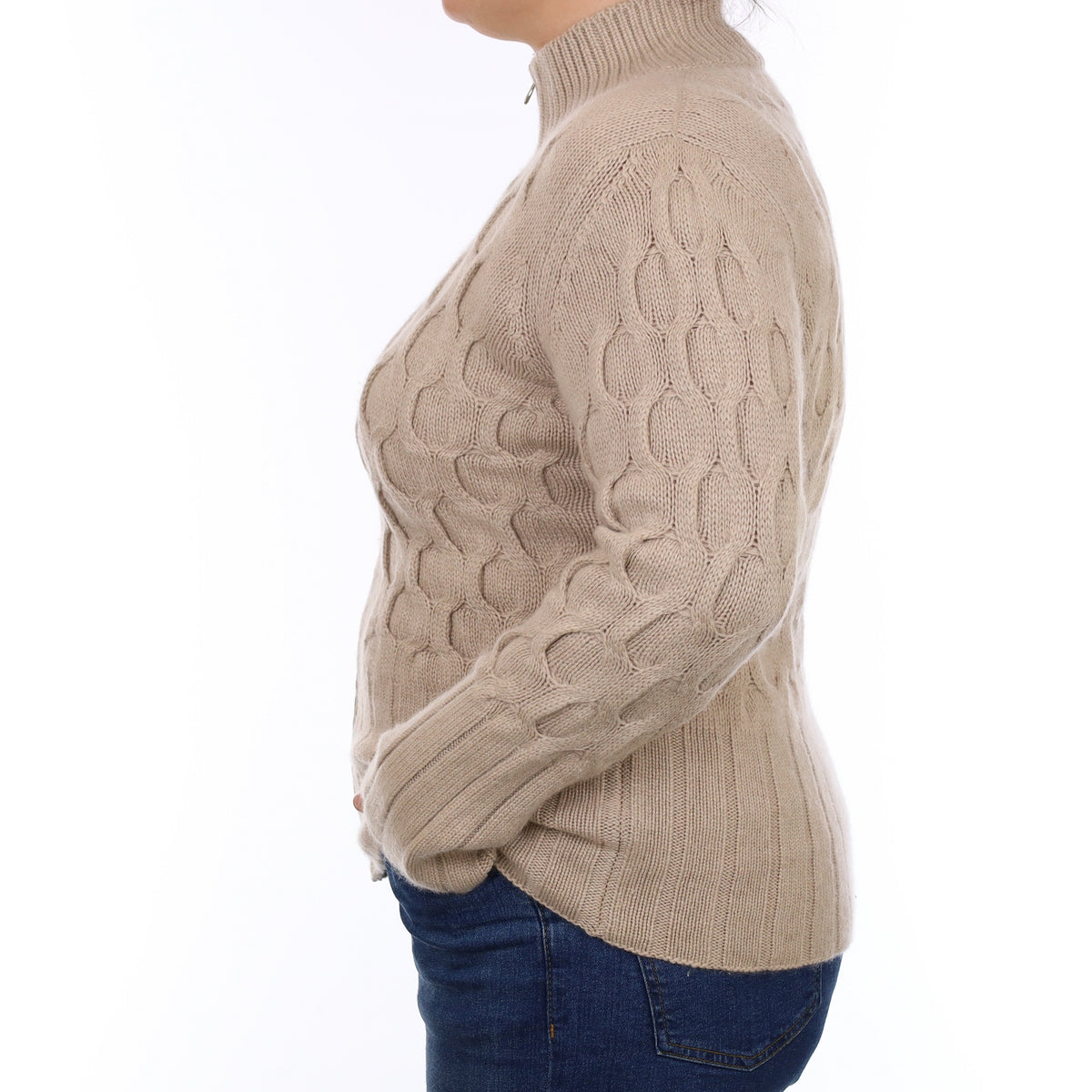 Agnona Fawn Cable Cashmere Zip Up Turtle Neck Cardigan Large