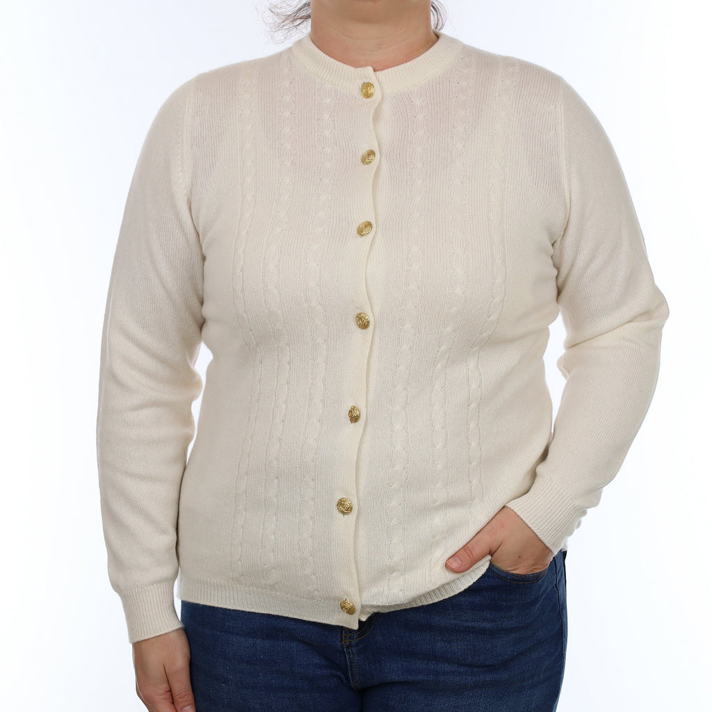 Vintage Pringle Cream Cable Detail Cashmere Crew Neck Cardigan Large