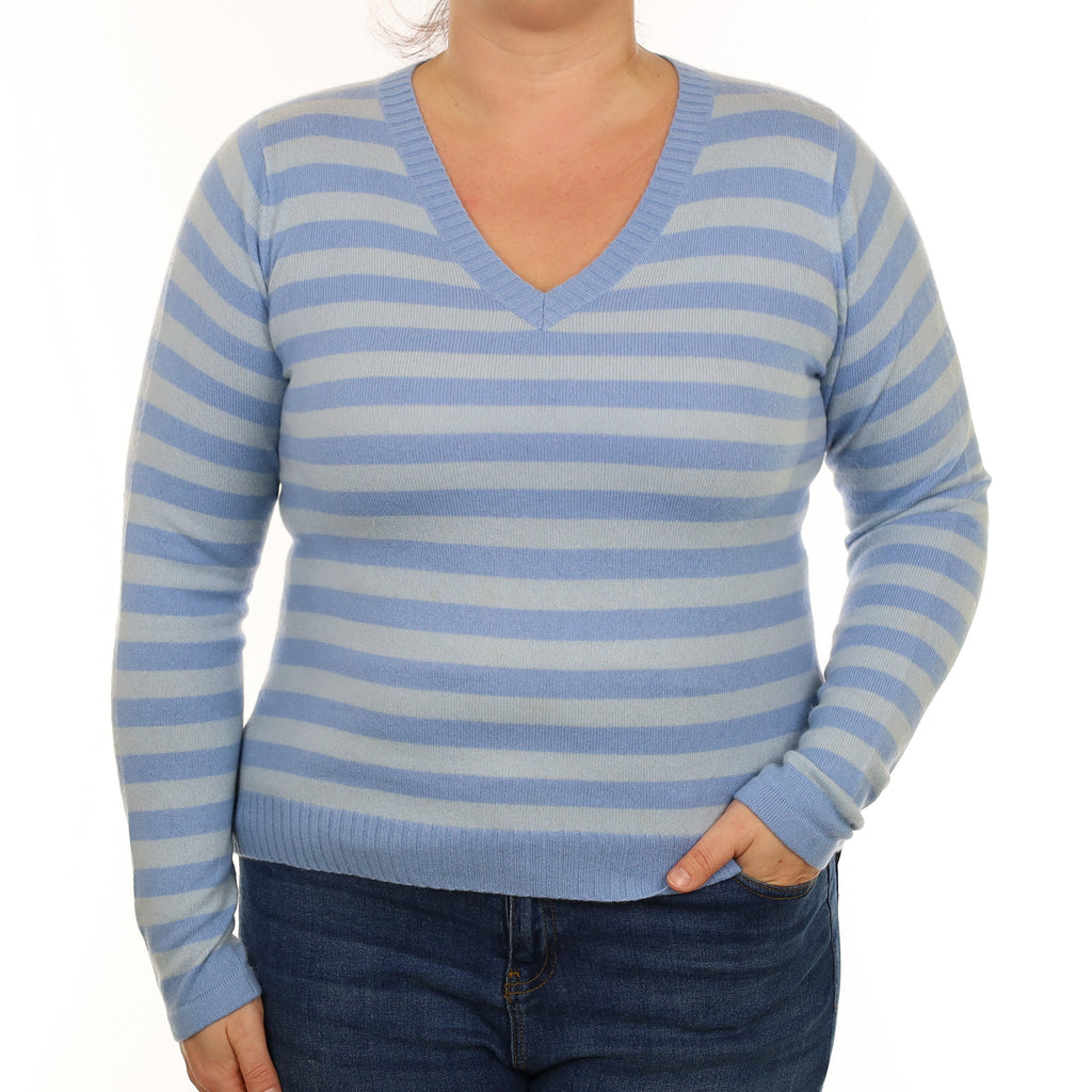 Sky Blue Striped Cashmere V Neck Jumper Large