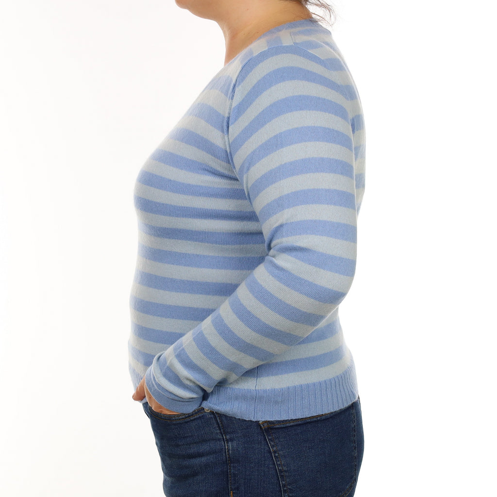 Sky Blue Striped Cashmere V Neck Jumper Large