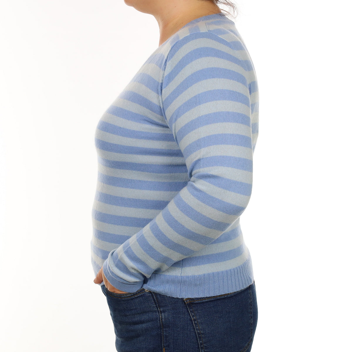 Sky Blue Striped Cashmere V Neck Jumper Large