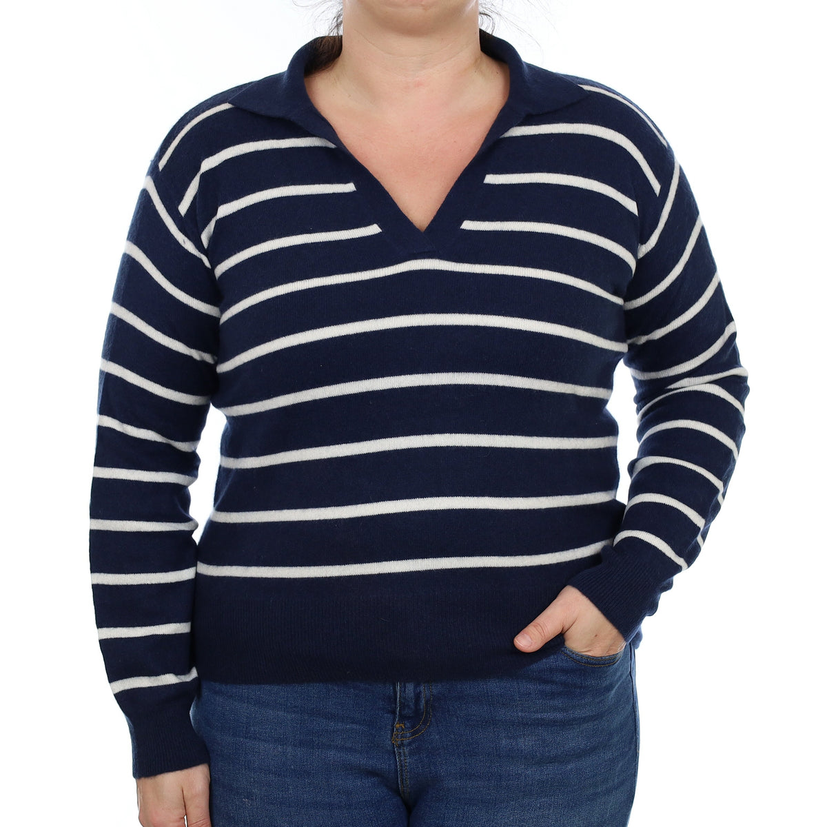 Navy and Ivory Striped Cashmere Collared V Neck Jumper Large