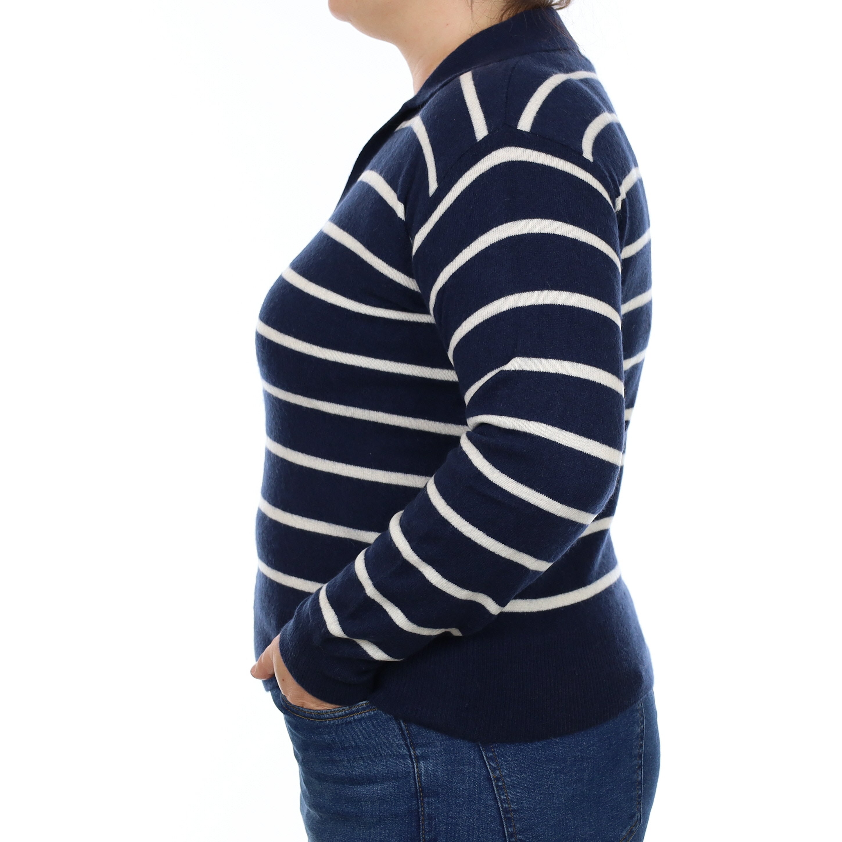 Navy and Ivory Striped Cashmere Collared V Neck Jumper Large