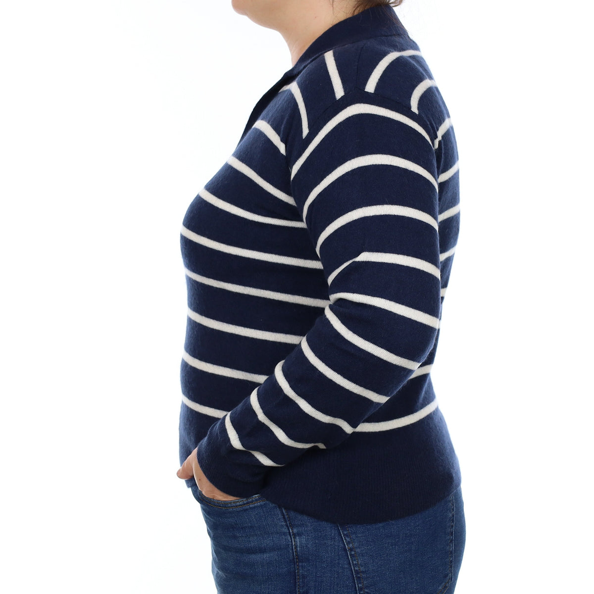 Navy and Ivory Striped Cashmere Collared V Neck Jumper Large