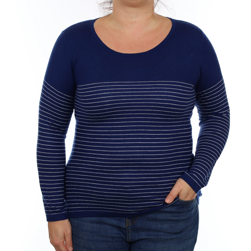 N Peal French Navy Striped Cashmere Crew Neck Jumper Large