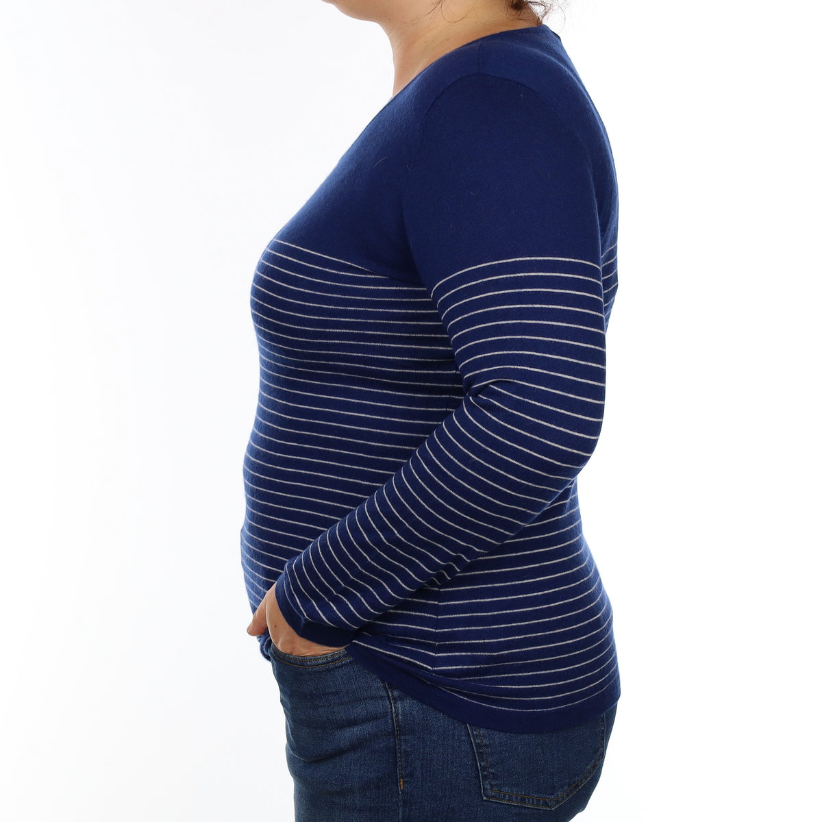 N Peal French Navy Striped Cashmere Crew Neck Jumper Large