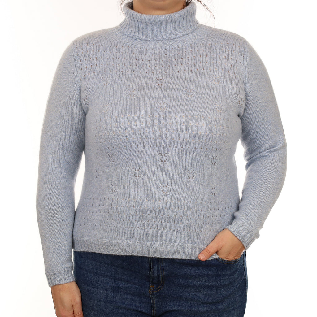 Blue Marl Heavy Knit Cashmere Polo Neck Jumper Large