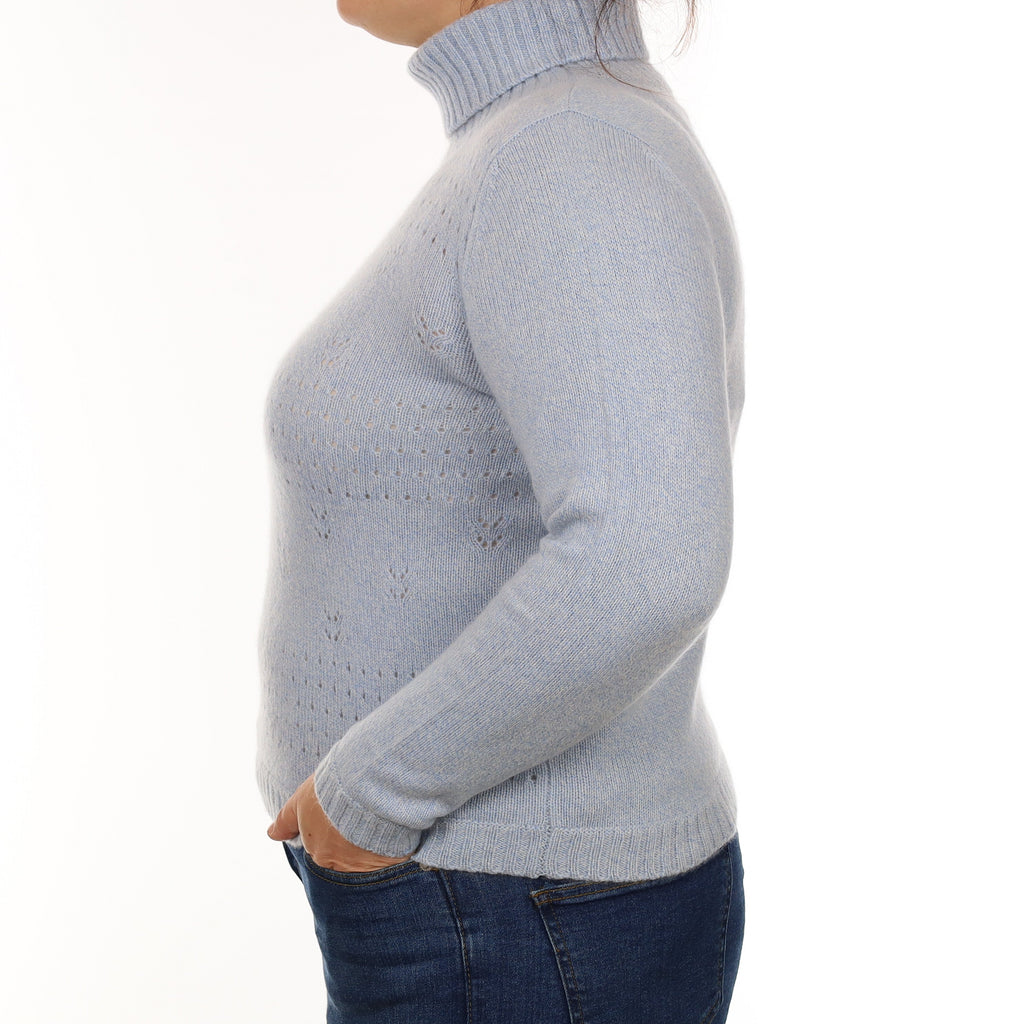 Blue Marl Heavy Knit Cashmere Polo Neck Jumper Large
