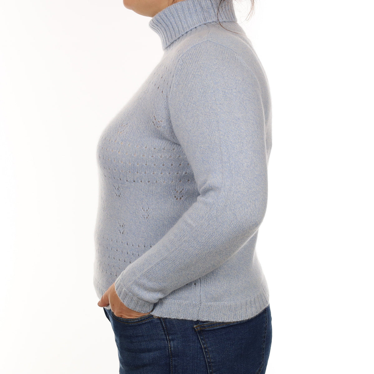 Blue Marl Heavy Knit Cashmere Polo Neck Jumper Large