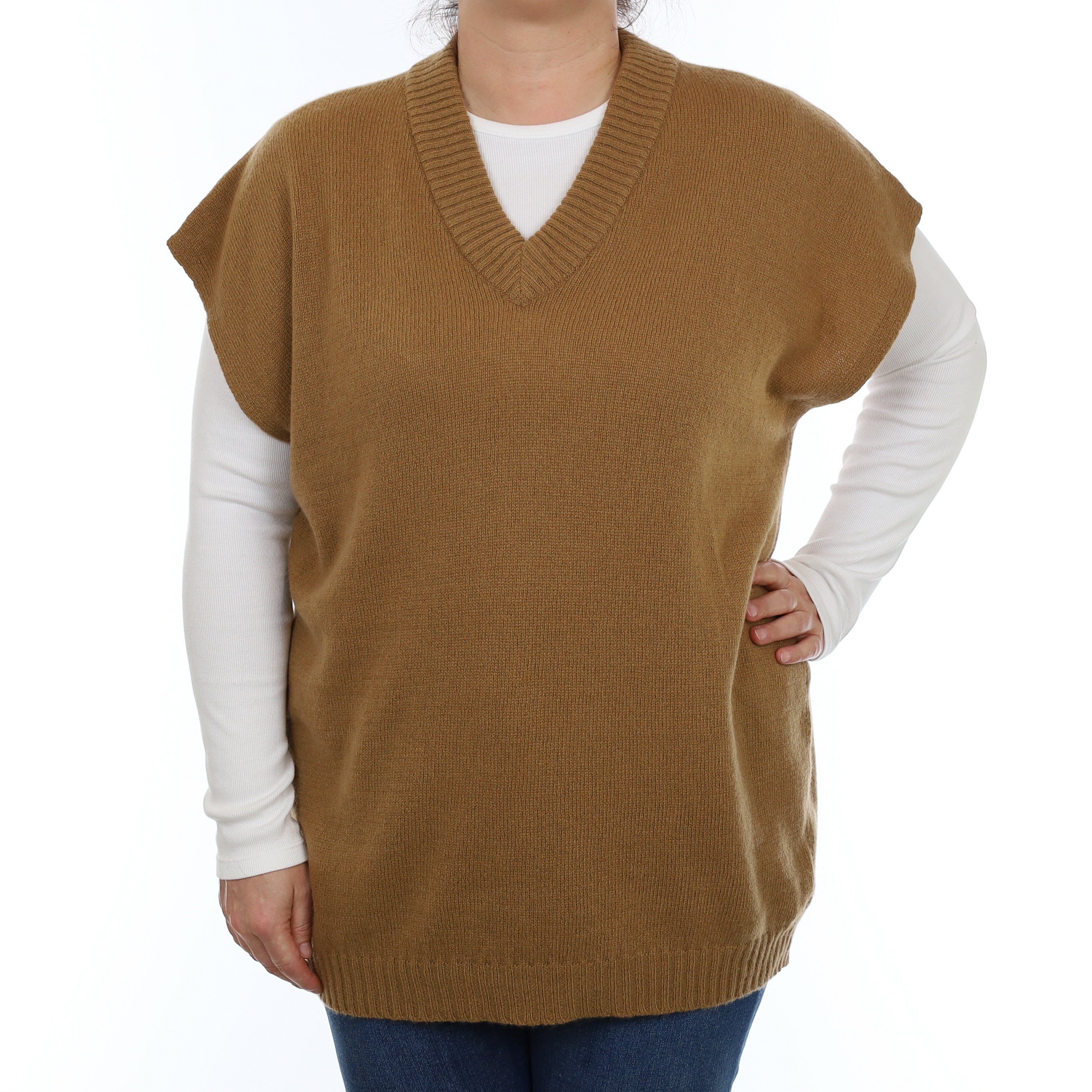 Brand New Scottish Butterscotch Brown Sleeveless Cashmere V Neck Jumper Large