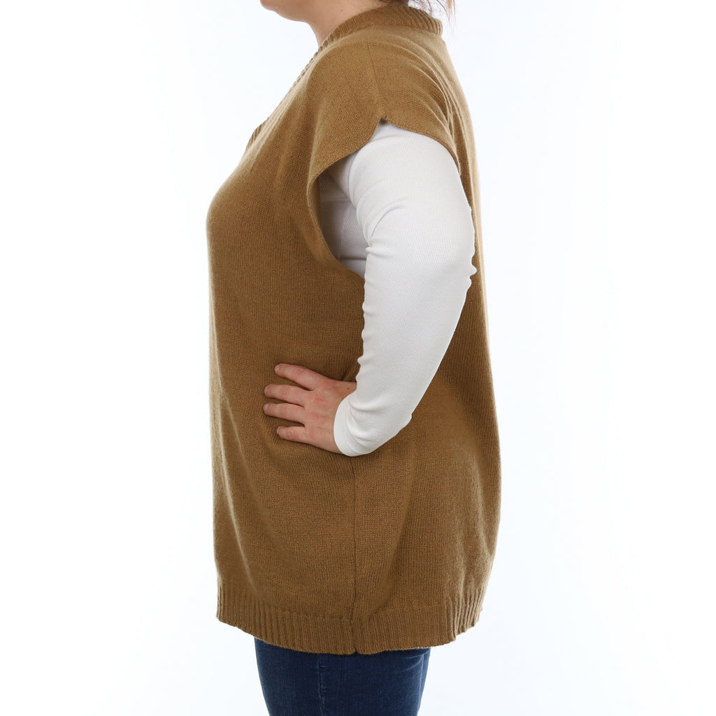 Brand New Scottish Butterscotch Brown Sleeveless Cashmere V Neck Jumper Large