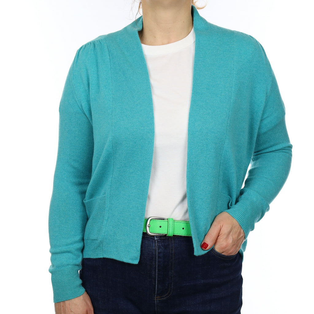 Turquoise Cashmere Edge to Edge Cardigan with Pockets Medium