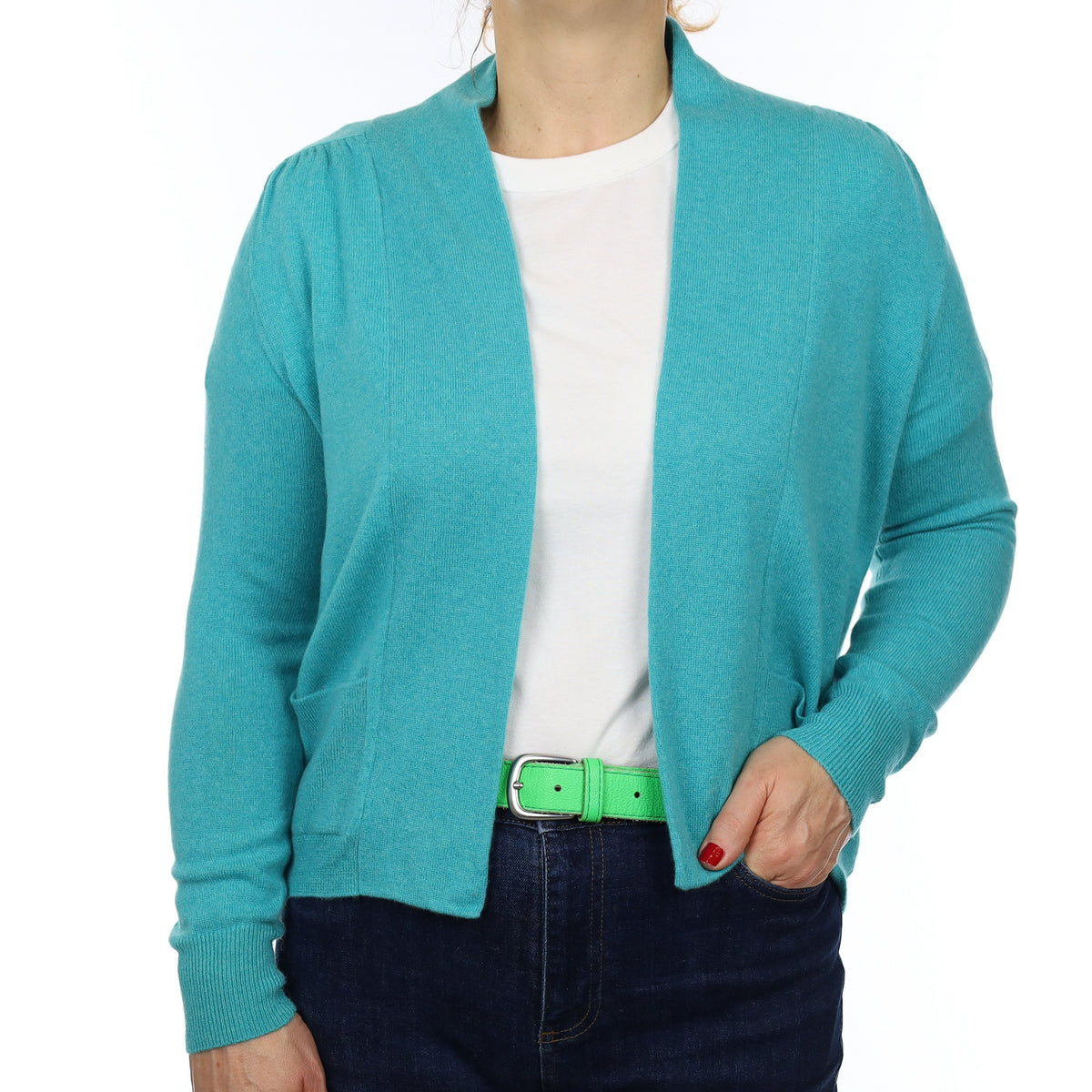 Turquoise Cashmere Edge to Edge Cardigan with Pockets Medium