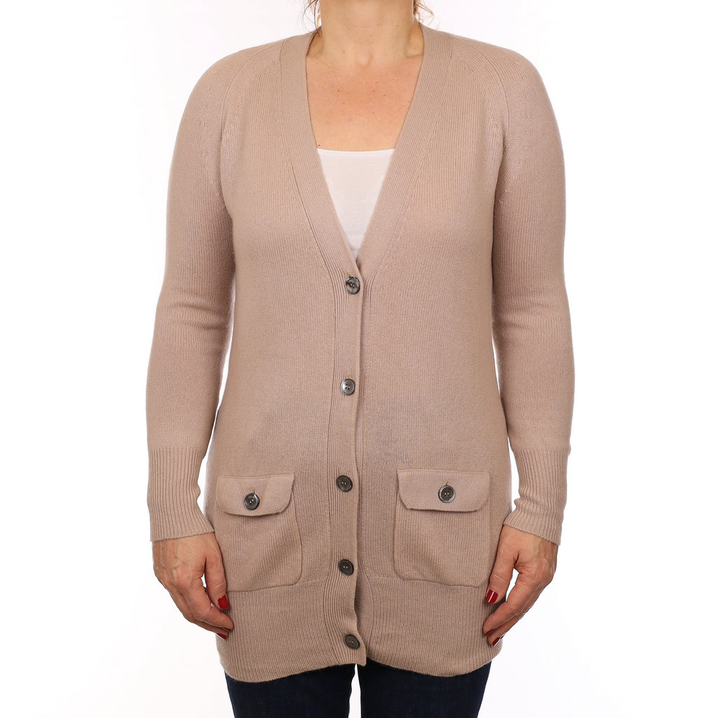 Fawn Cashmere Longline V Neck Cardigan with Pockets Medium