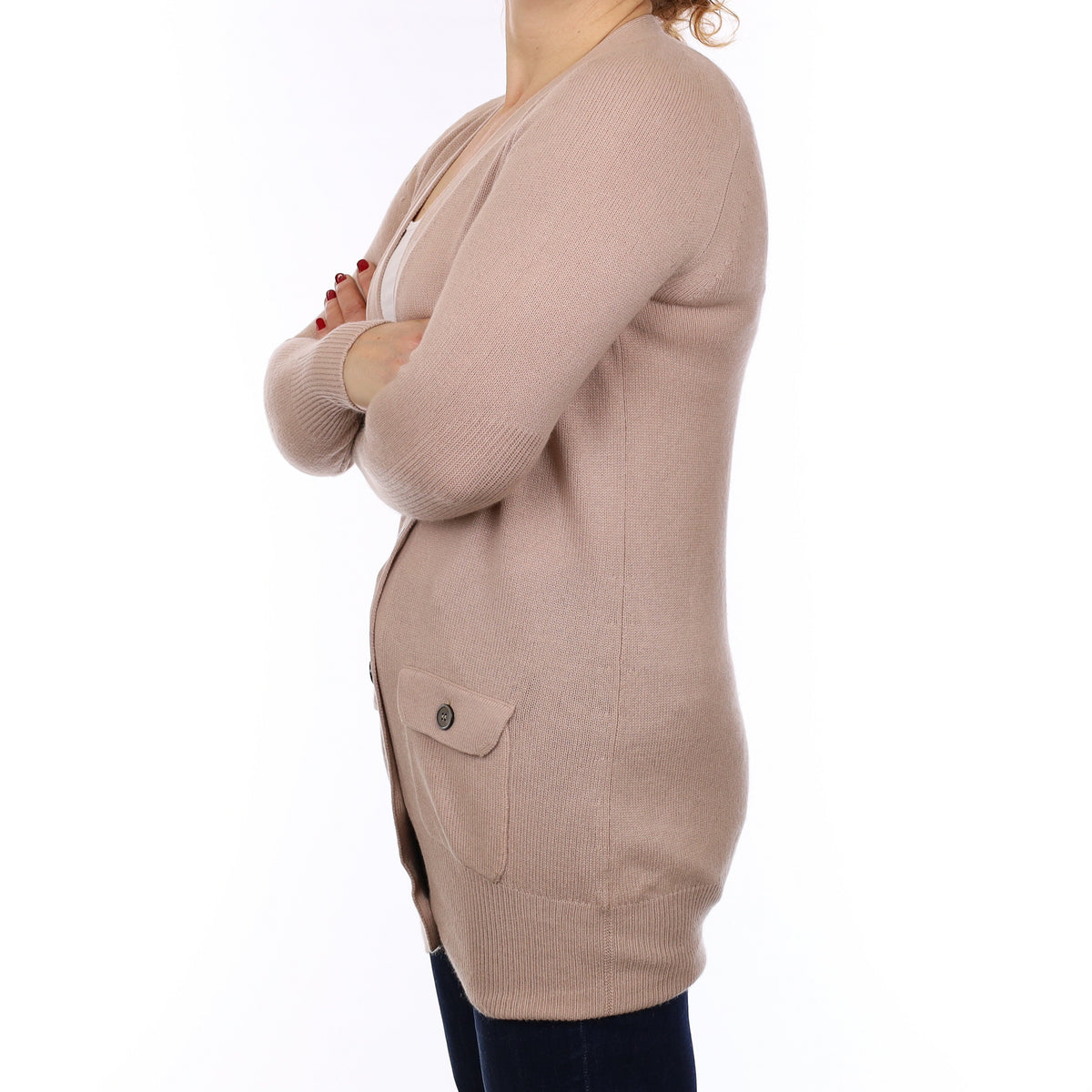 Fawn Cashmere Longline V Neck Cardigan with Pockets Medium