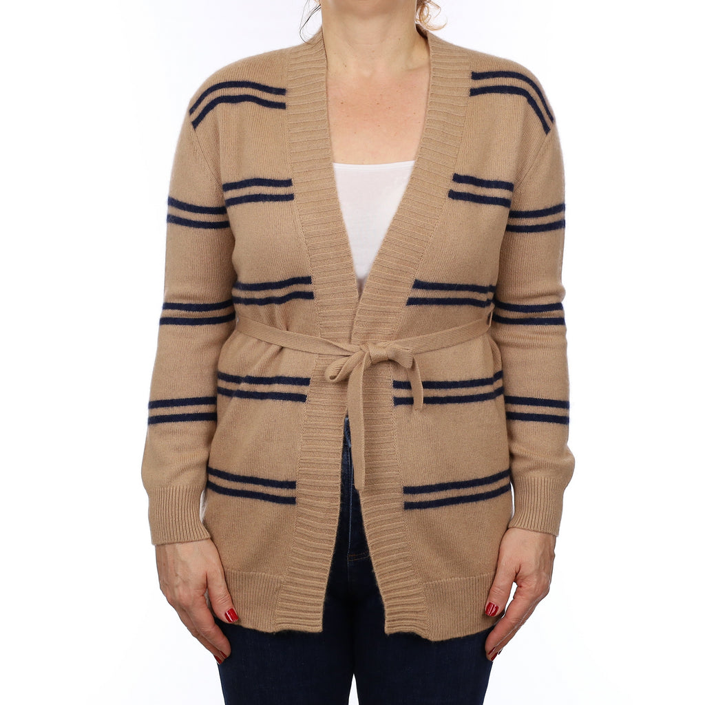 Max Mara Camel and Navy Stripe Cashmere Heavy Knit Cardigan with Belt Medium