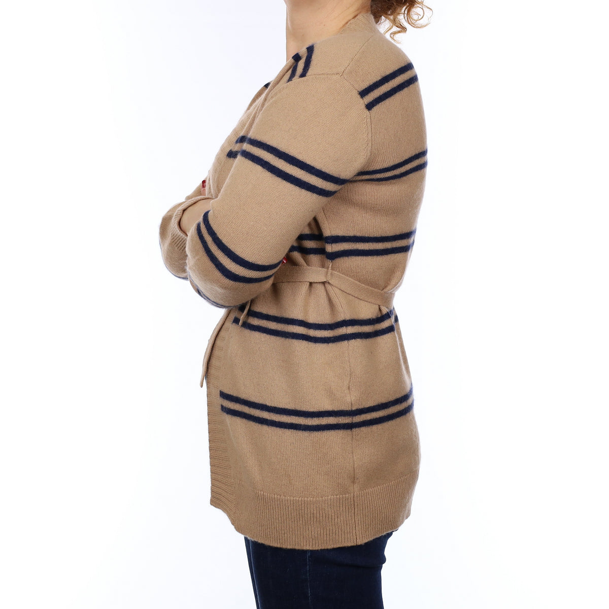 Max Mara Camel and Navy Stripe Cashmere Heavy Knit Cardigan with Belt Medium