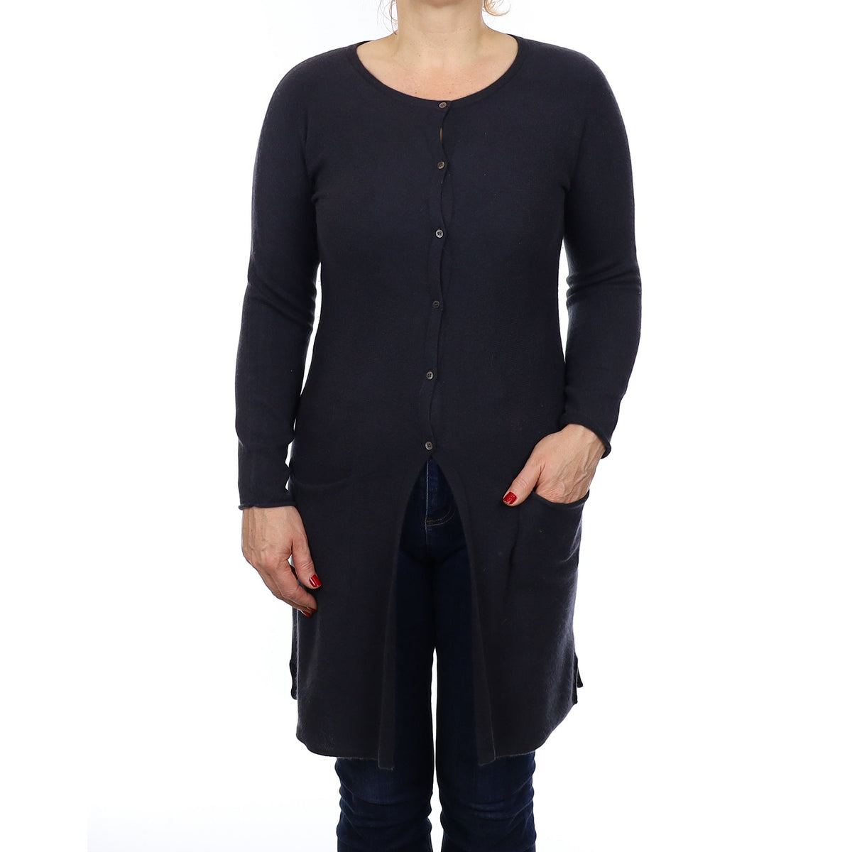 Graphite Grey Cashmere Longline Crew Neck Cardigan with Pockets Medium