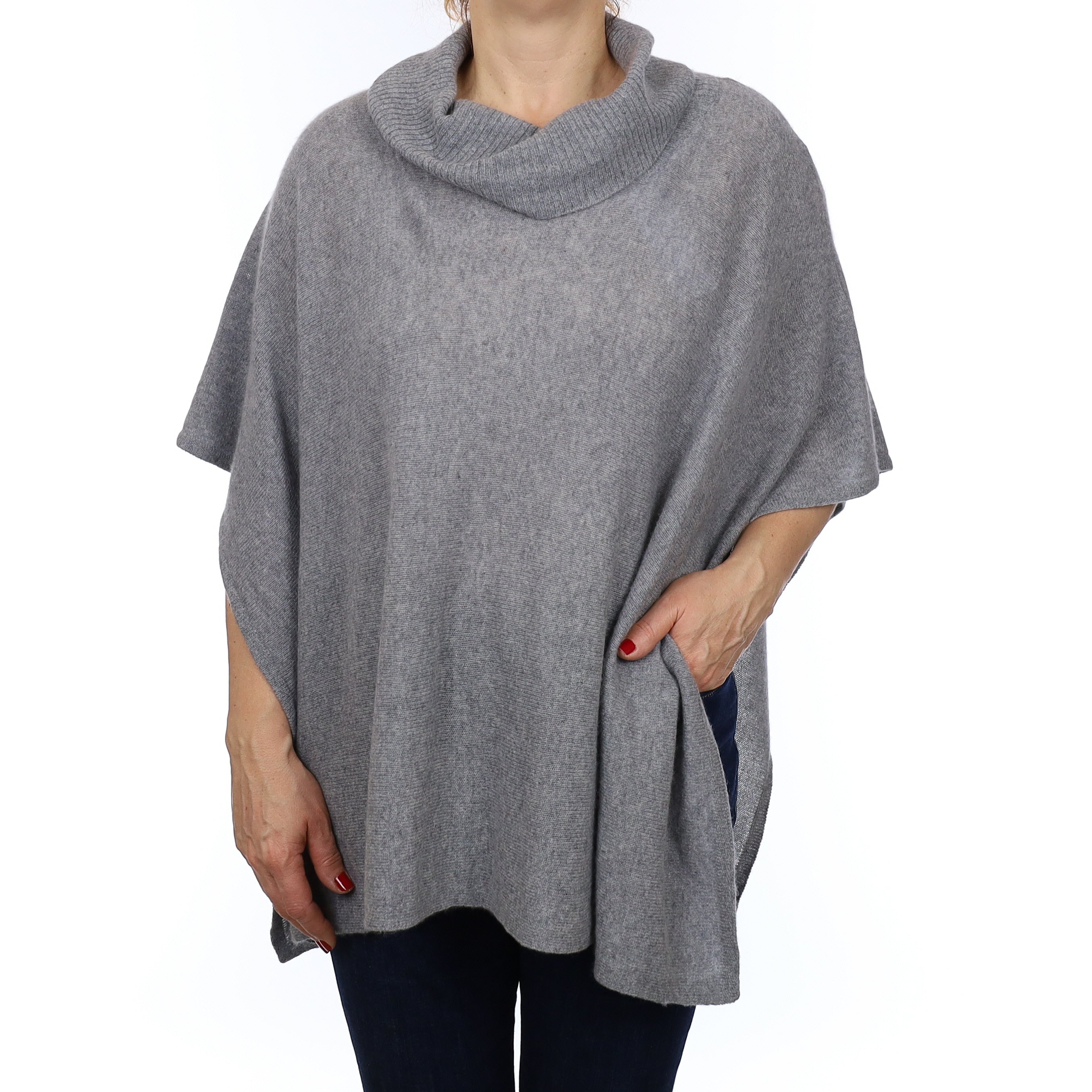 Ash Grey Cashmere Cowl Neck Poncho One Size