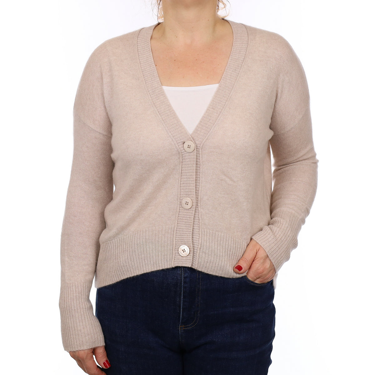 Oatmeal Cashmere Boxy V Neck Cardigan Medium