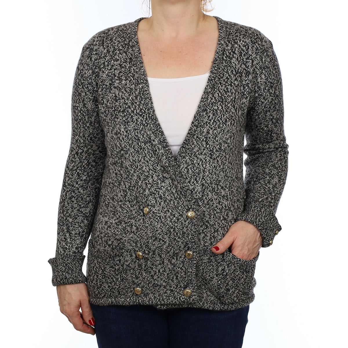 Scottish Vintage Black and Ivory Marl Heavy Knit Cashmere Jacket with Pockets Medium